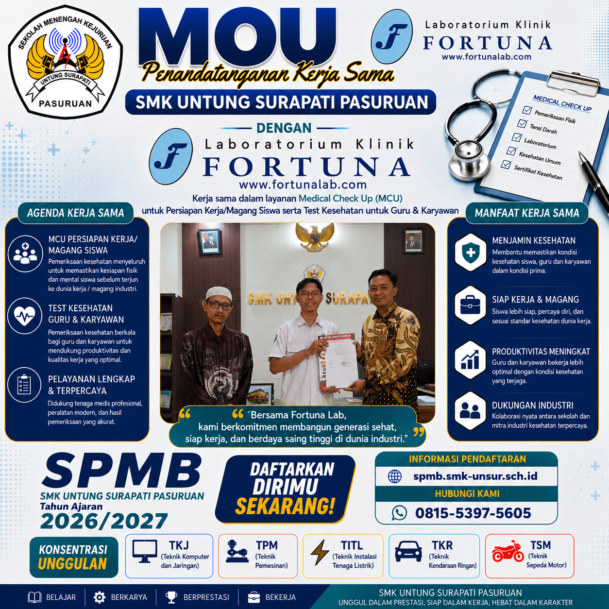 SMK Untung Surapati Pasuruan Resmi Menjalin Kerja Sama dengan Laboratorium Klinik Fortuna