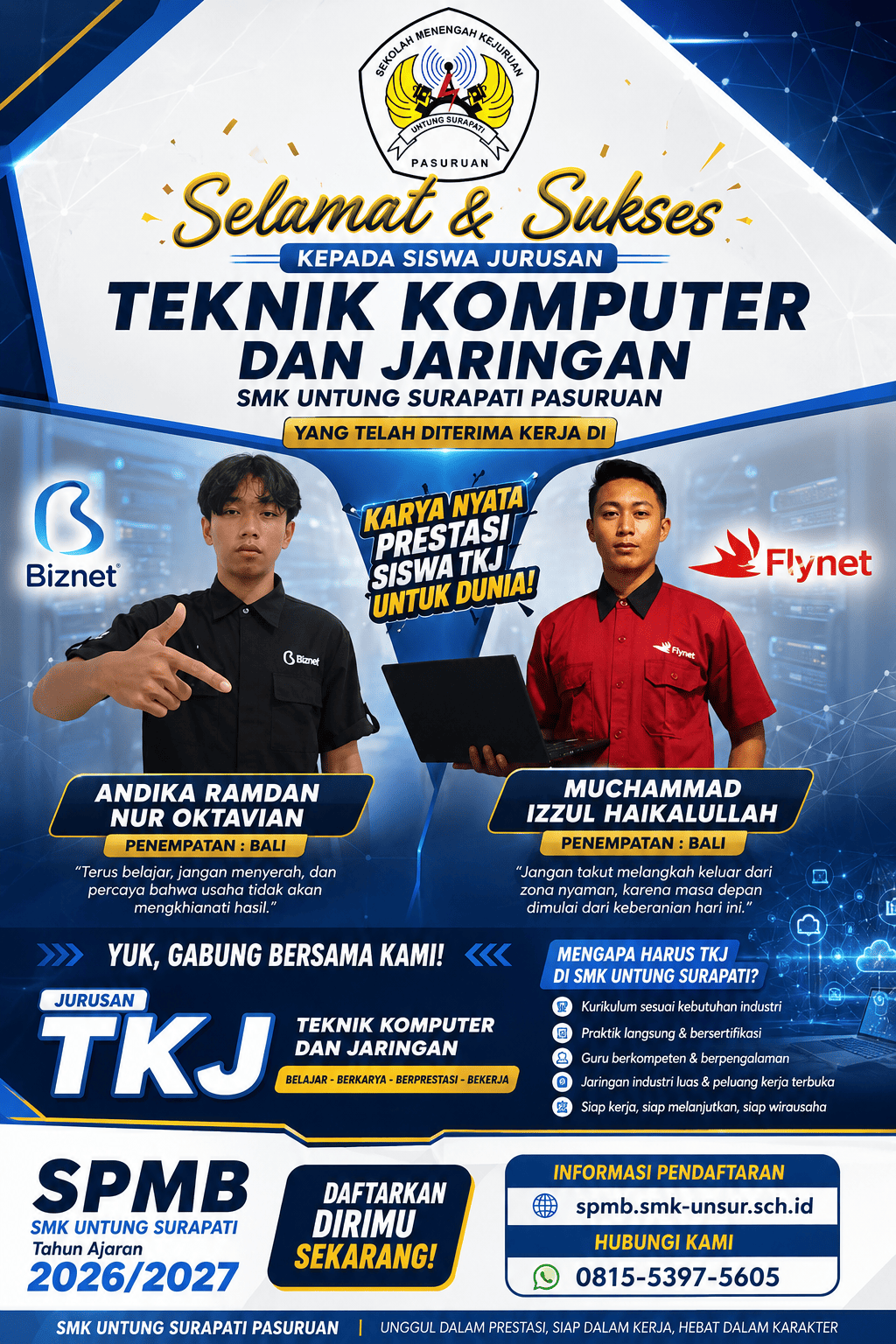 Dua Siswa TKJ SMK Untung Surapati Diterima Bekerja di Biznet dan Fly.net Penempatan Bali