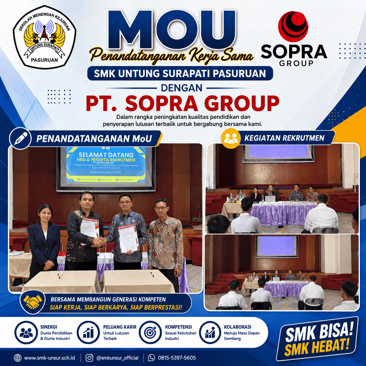 SMK Untung Surapati Pasuruan Resmi Menandatangani MoU dengan PT. Sopra Group dan Menggelar Rekrutmen
